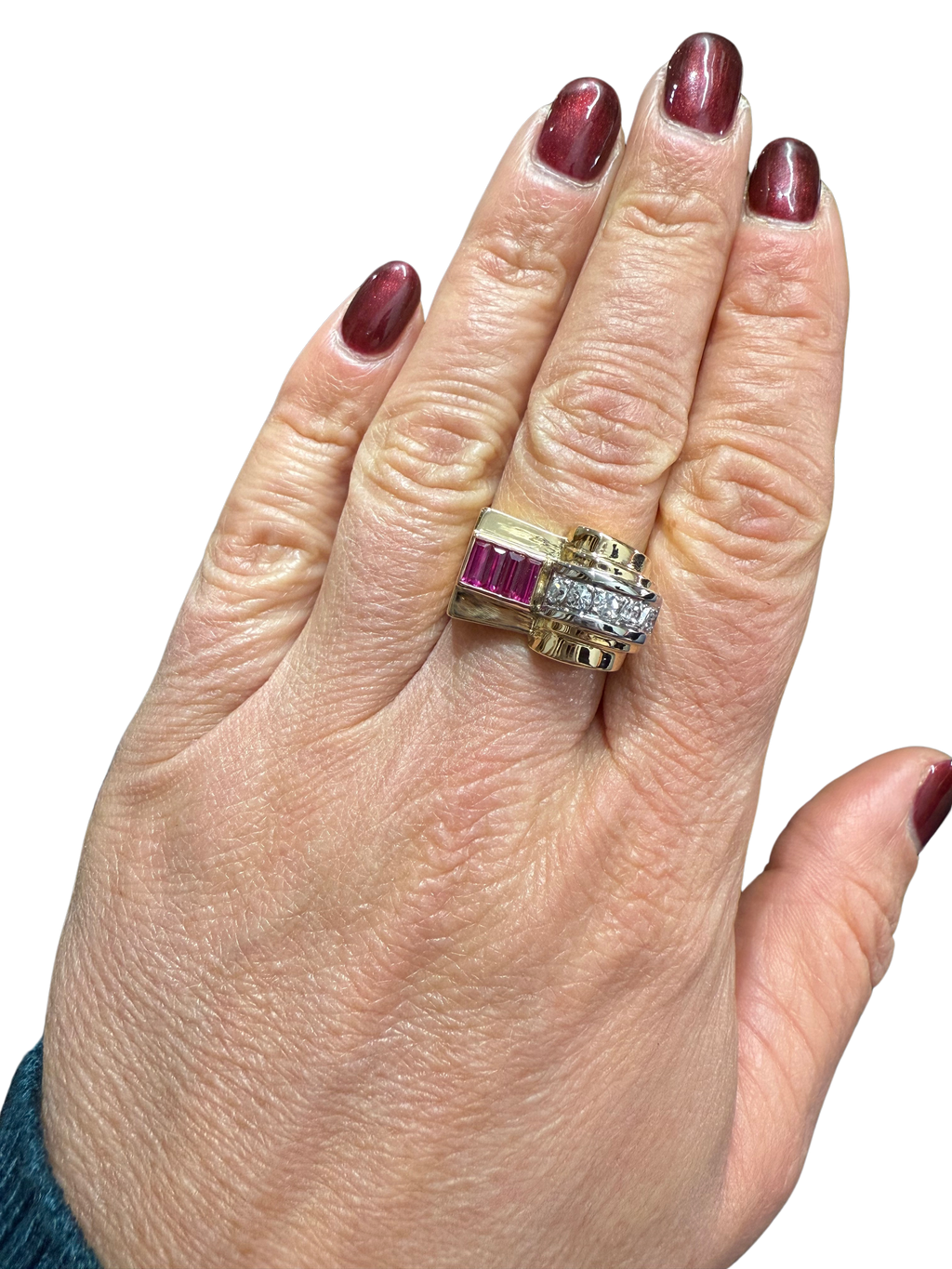 Art Déco - Bague Tank - Or jaune et Blanc - Rubis et Diamants