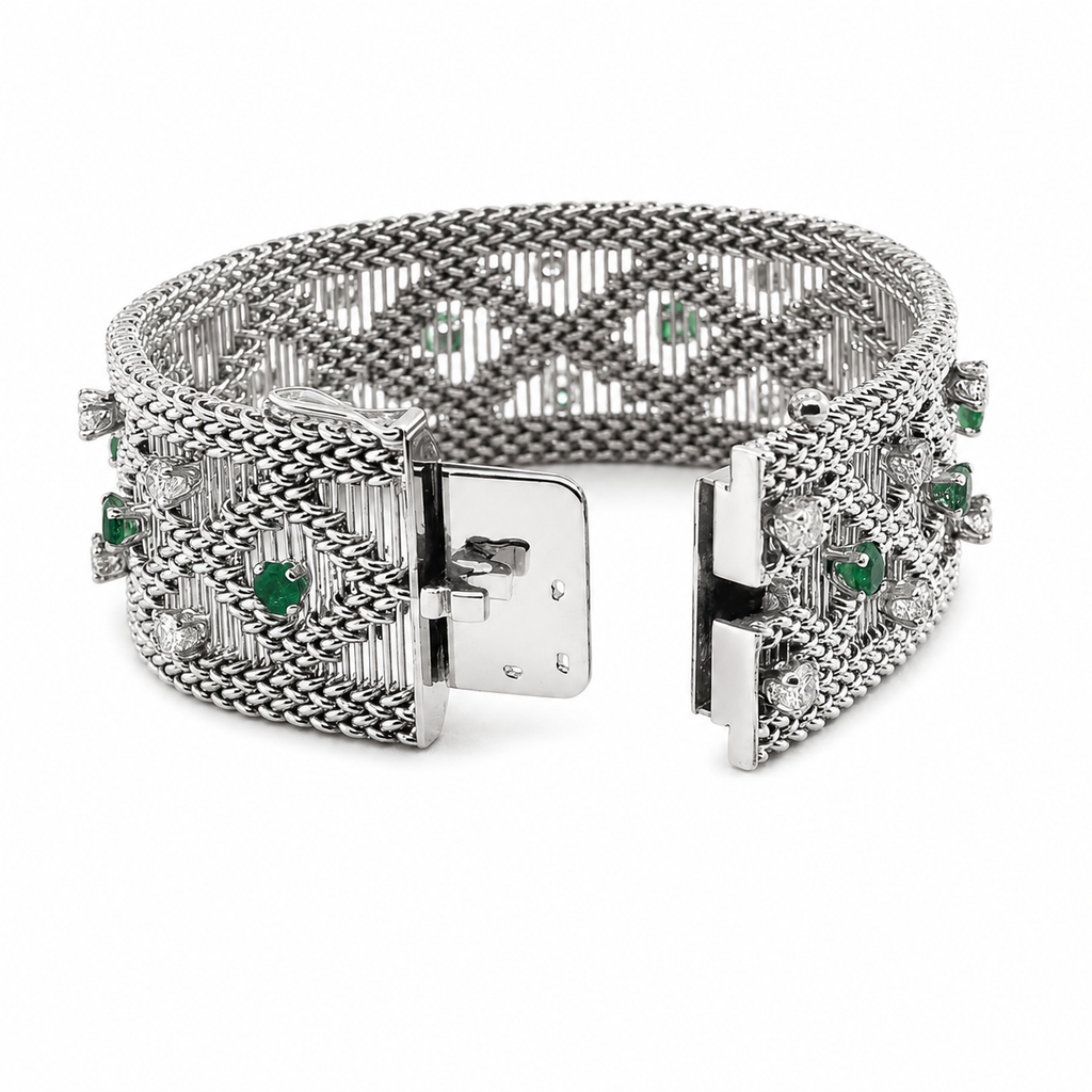 Vintage - Bracelet Or blanc - Diamants et Émeraudes