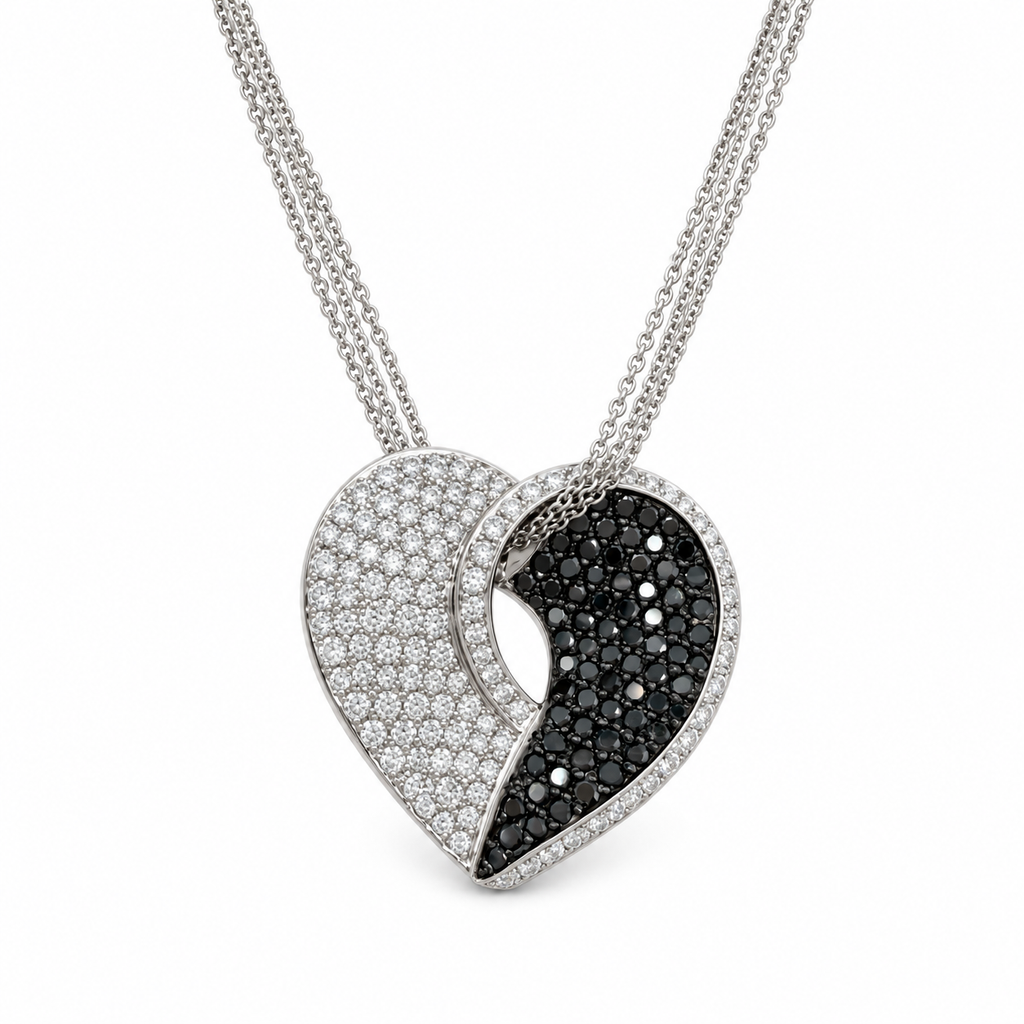 Collier Pendentif Or blanc  Diamants noirs et blancs