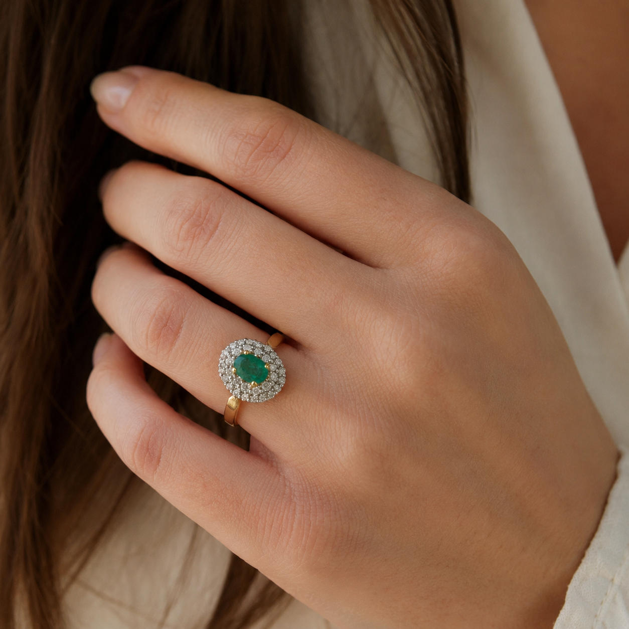 Bague Marguerite - Emeraude 0,70 carat et Diamants