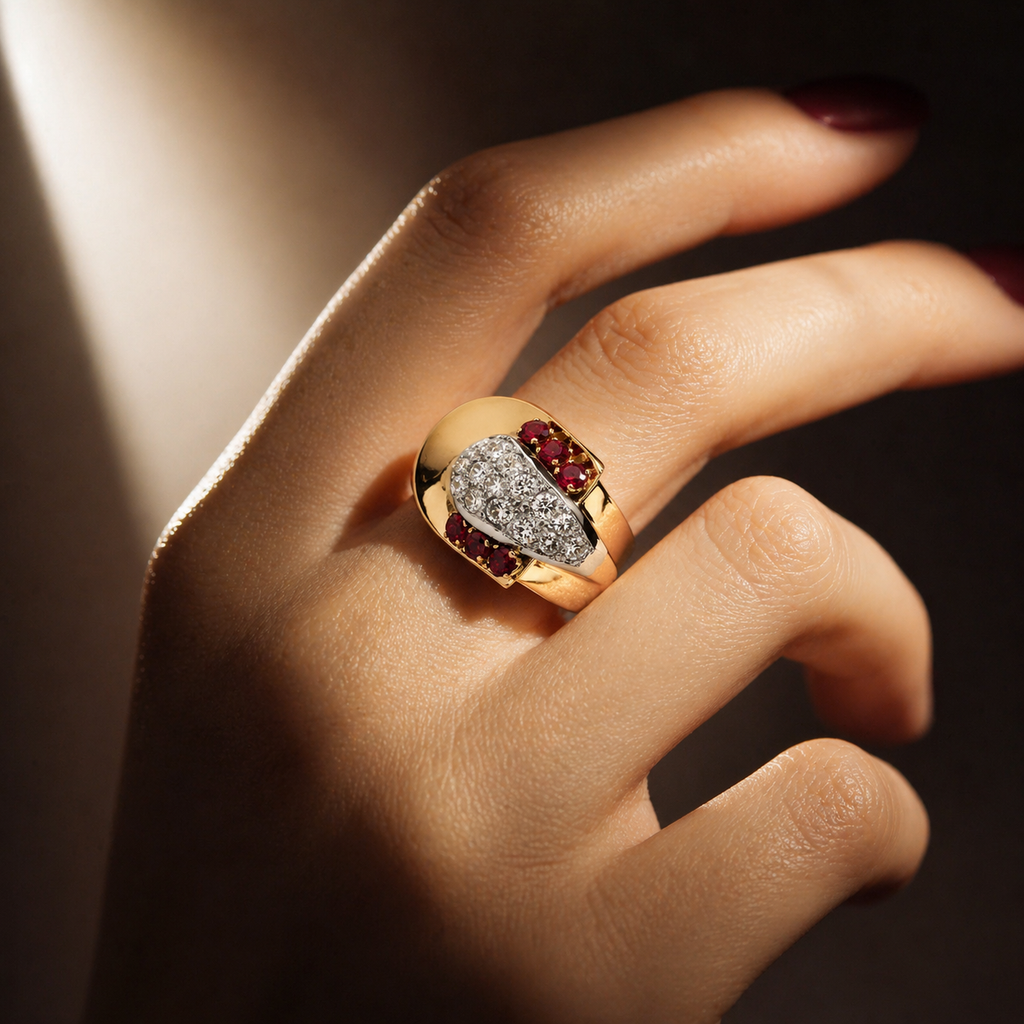 Bague Tank - Or rosé - Diamants et Rubis