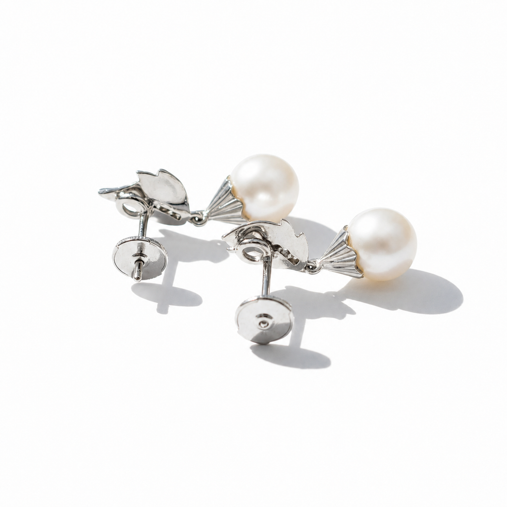 Boucles d’oreilles - Feuillage - Or blanc - Diamants et perles de culture