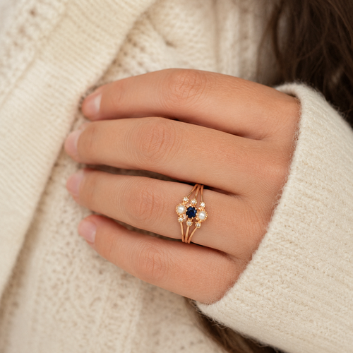 Antique Rose Gold Ring - Sapphire - Pearls and Diamonds