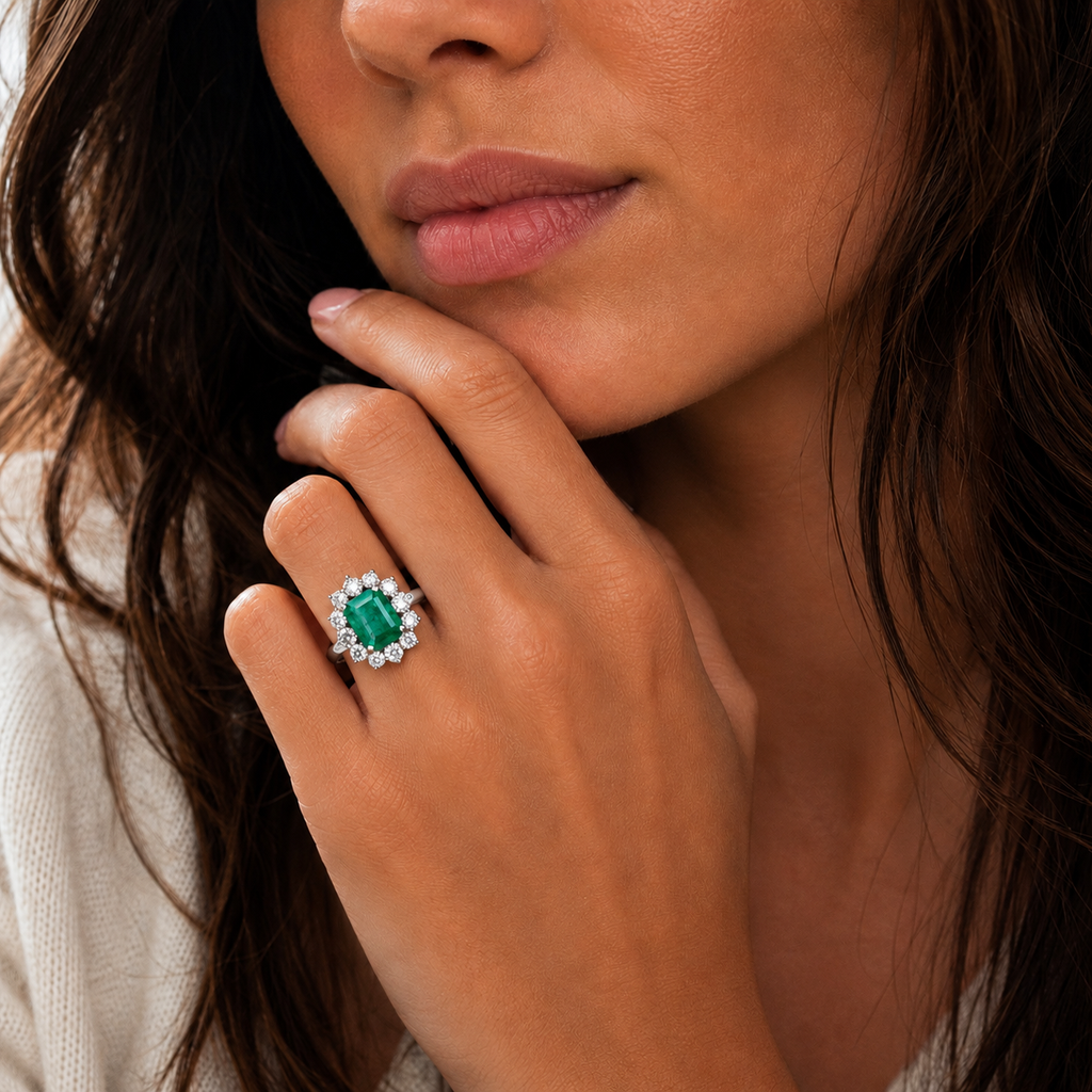 Bague Marguerite - Or Blanc - Emeraude 2,65 carats