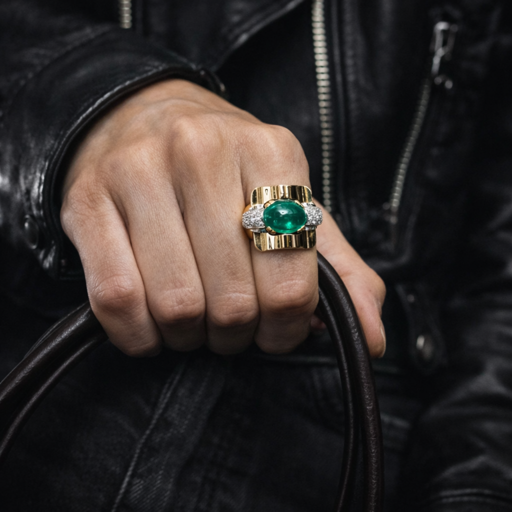 MELLERIO - Bague Tank Or jaune - Emeraude et Diamants