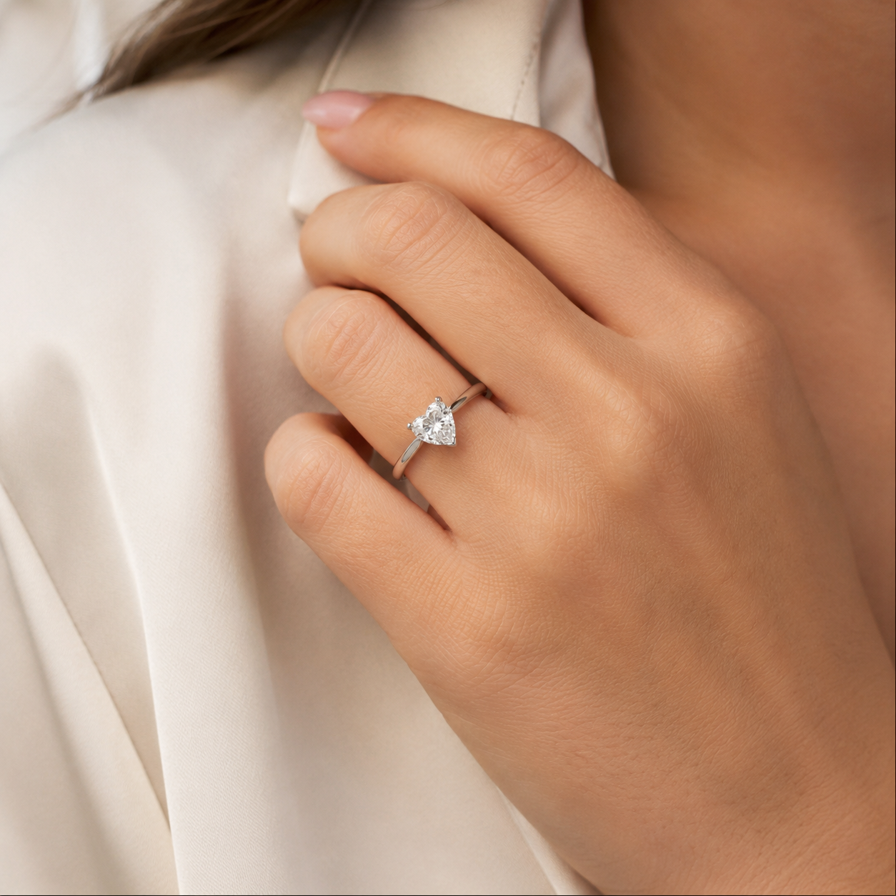 Bague Solitaire - Diamant Coeur - Or blanc