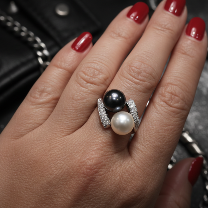 Bague Toi & Moi - Platine - Perles et Diamants