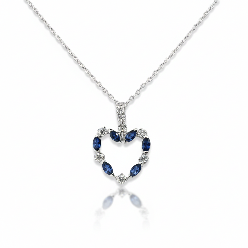 Collier Pendentif Coeur - Or blanc - Saphirs et Diamants