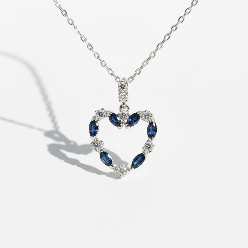 Collier Pendentif Coeur - Or blanc - Saphirs et Diamants