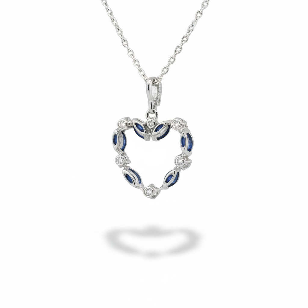 Collier Pendentif Coeur - Or blanc - Saphirs et Diamants