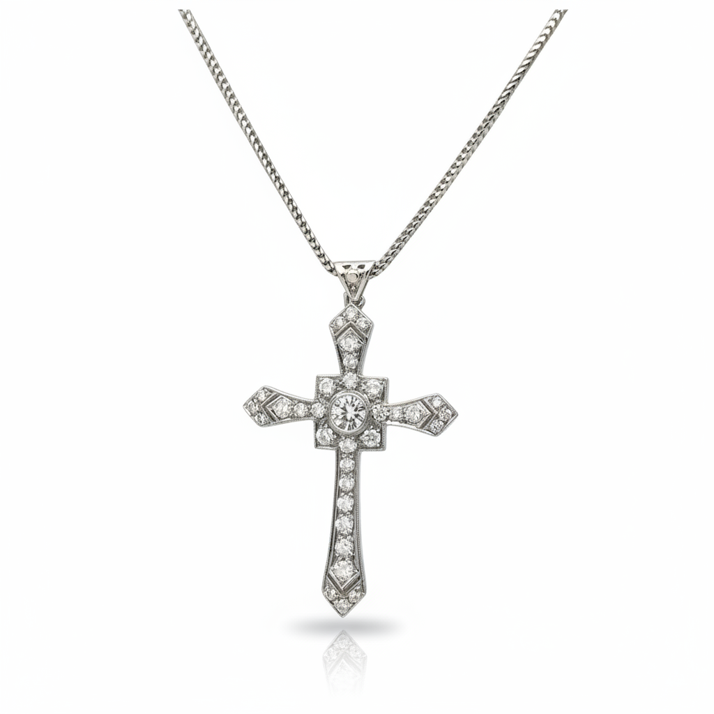 Art déco - Pendentif Croix or blanc et Diamants