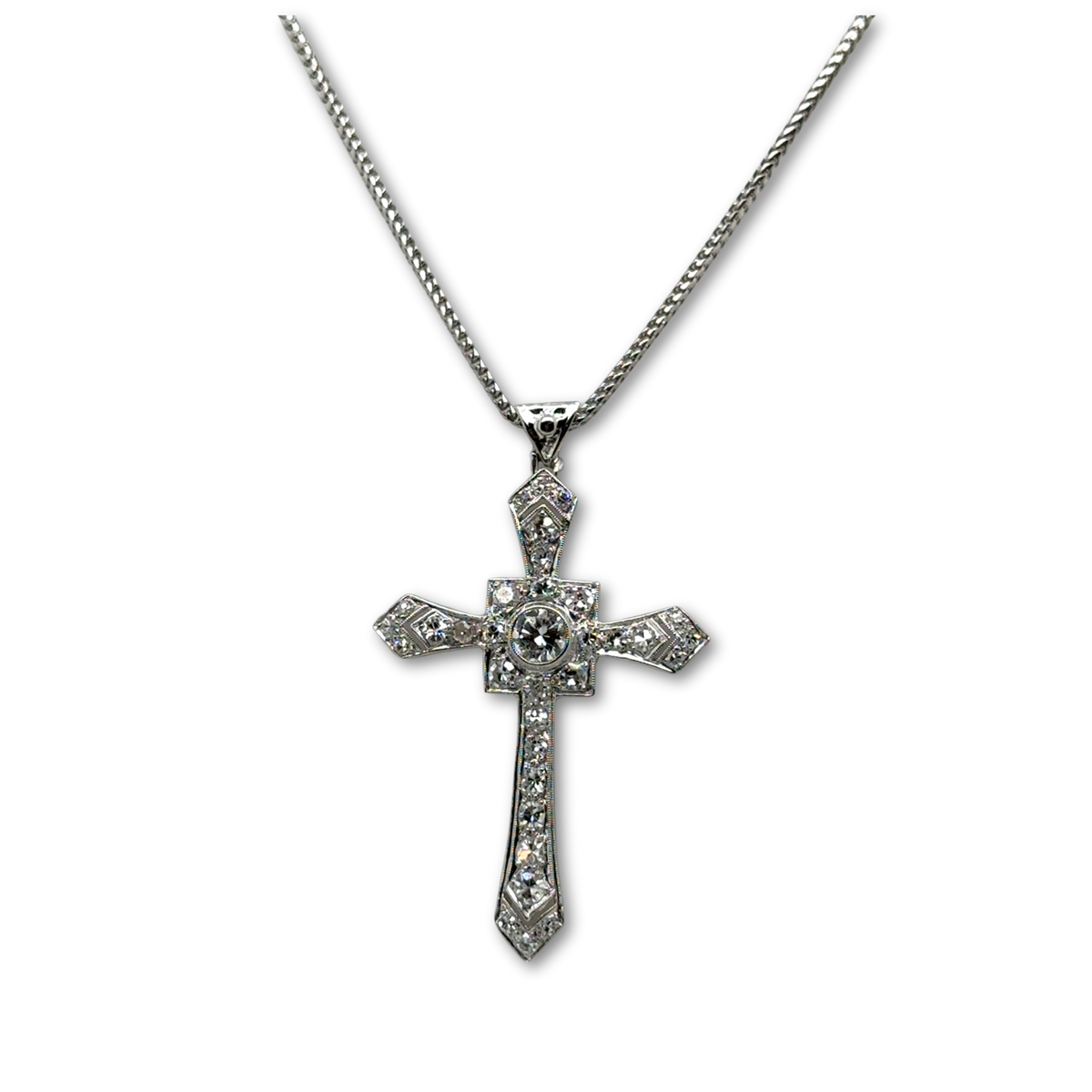 Art déco - Pendentif Croix or blanc et Diamants