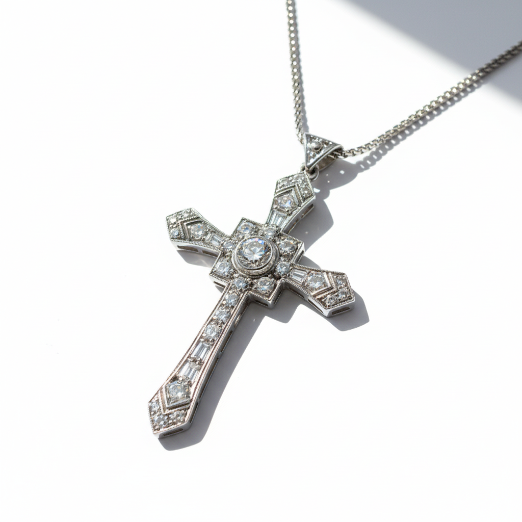 Art déco - Pendentif Croix or blanc et Diamants