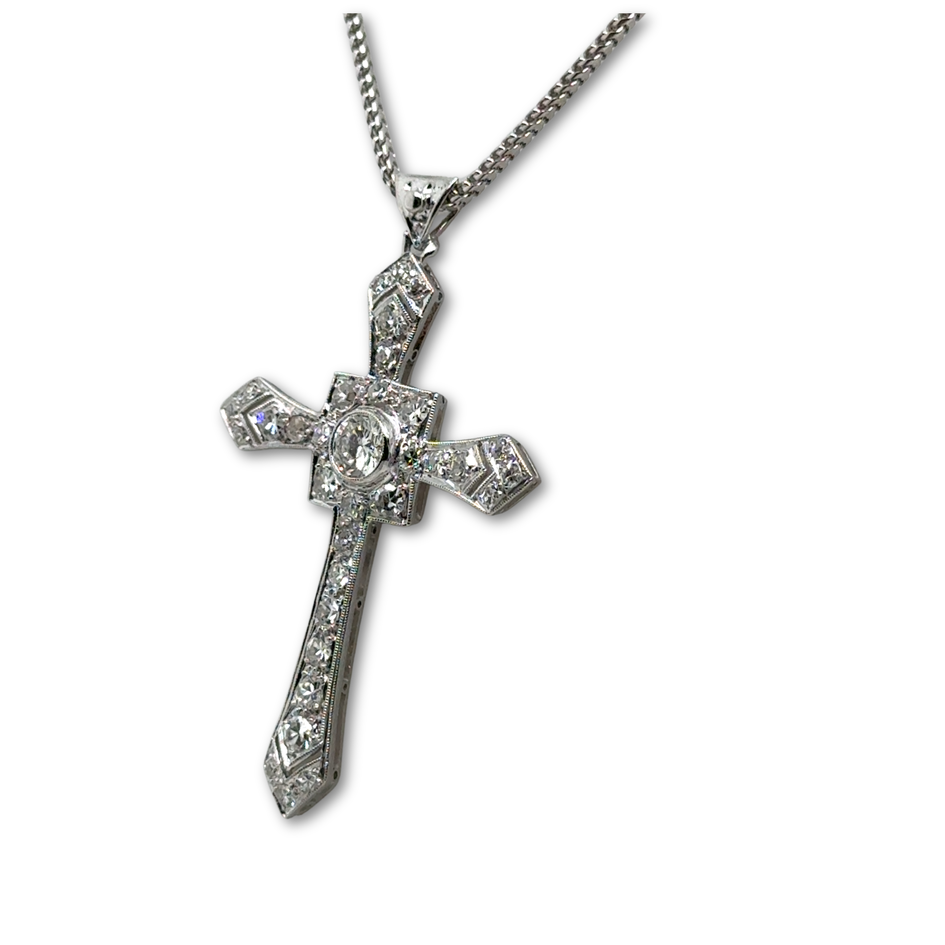Art déco - Pendentif Croix or blanc et Diamants