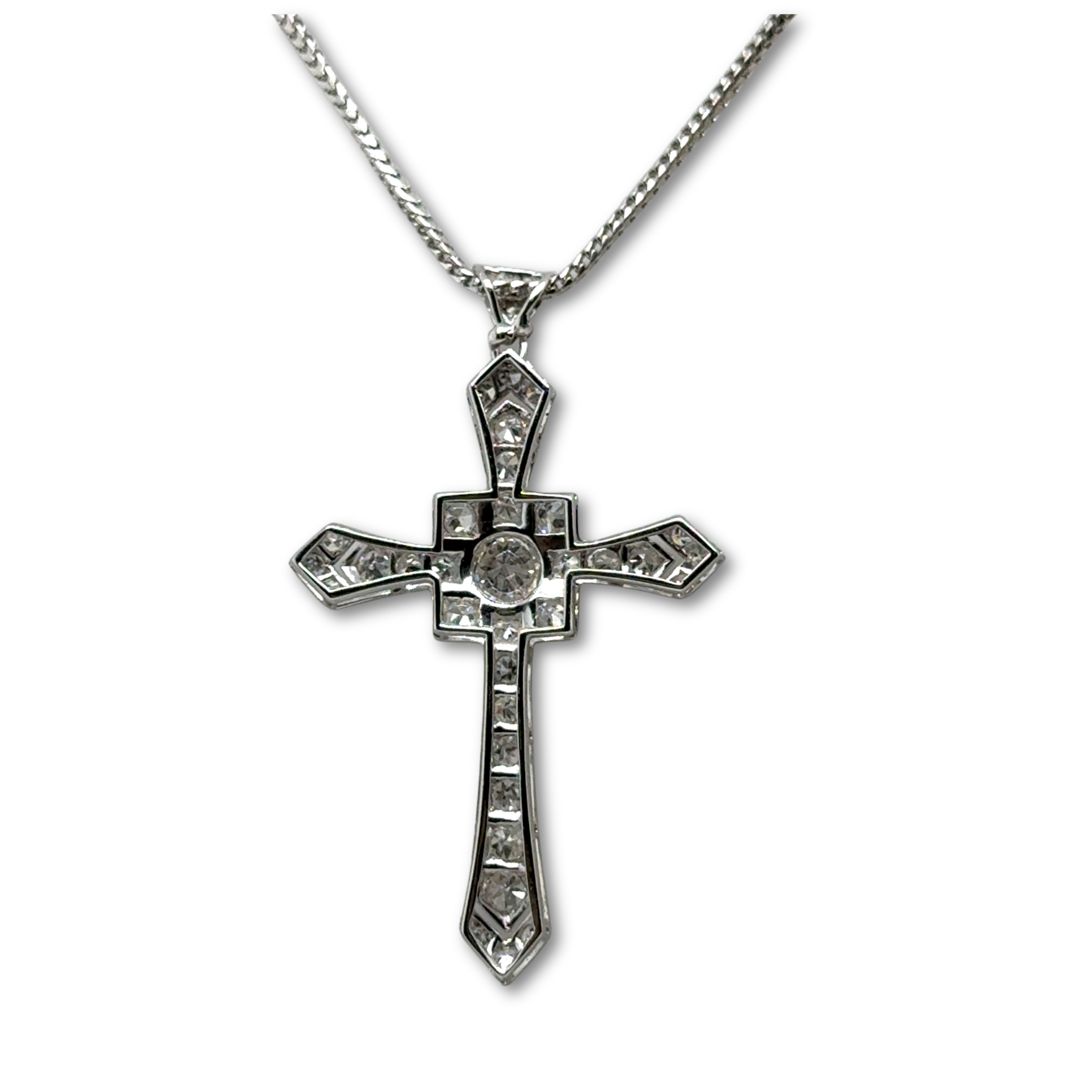 Art déco - Pendentif Croix or blanc et Diamants