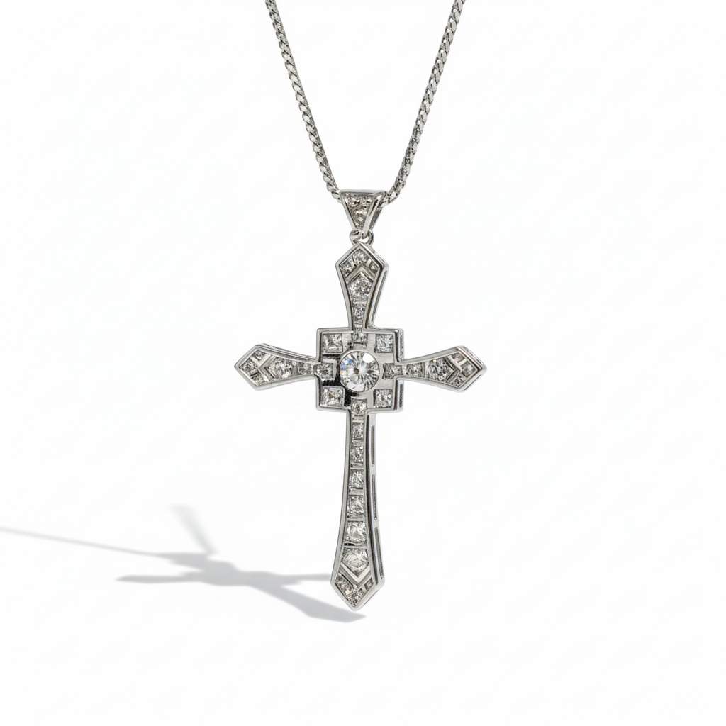 Art déco - Pendentif Croix or blanc et Diamants