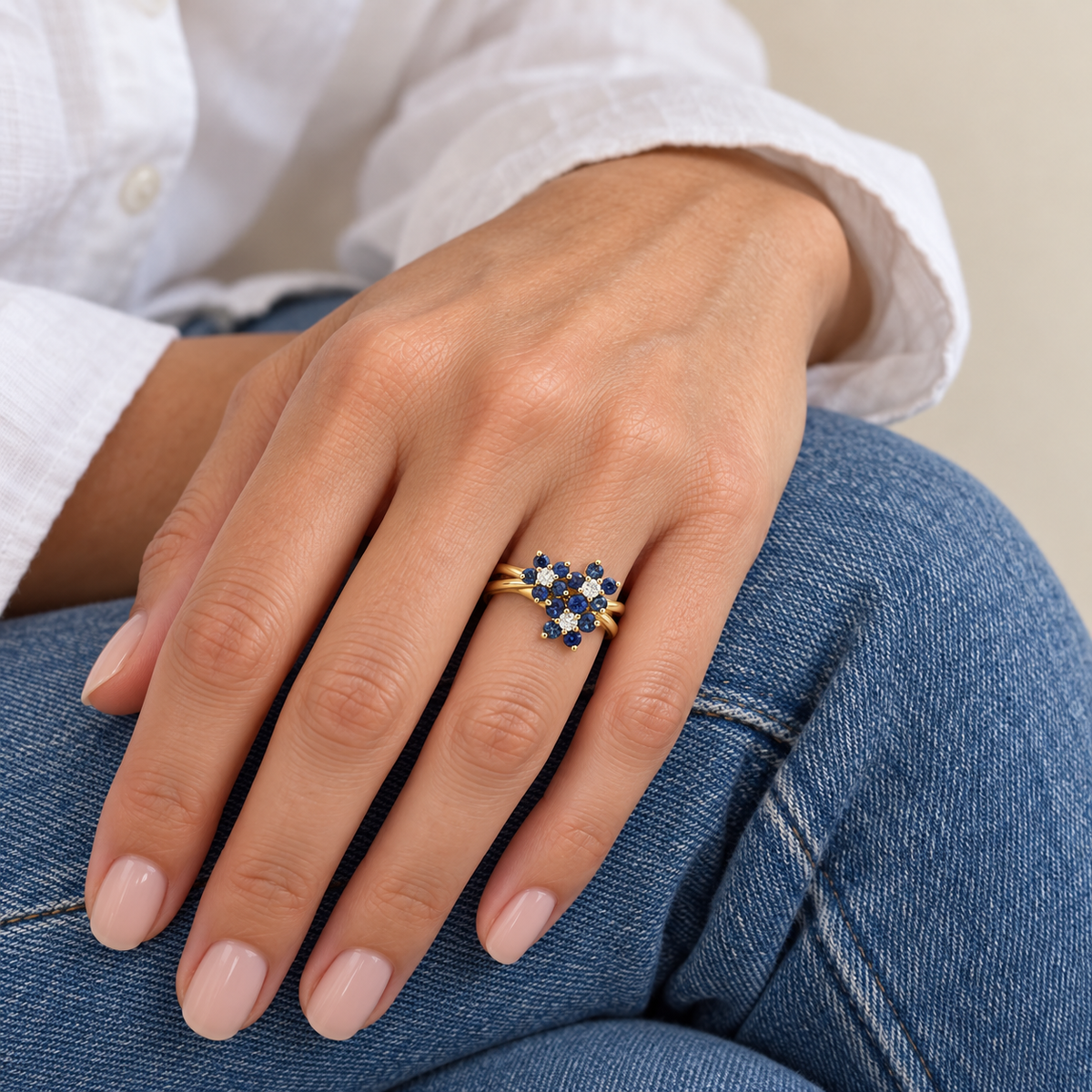 Bague fleur - Or jaune - Saphirs et Diamants