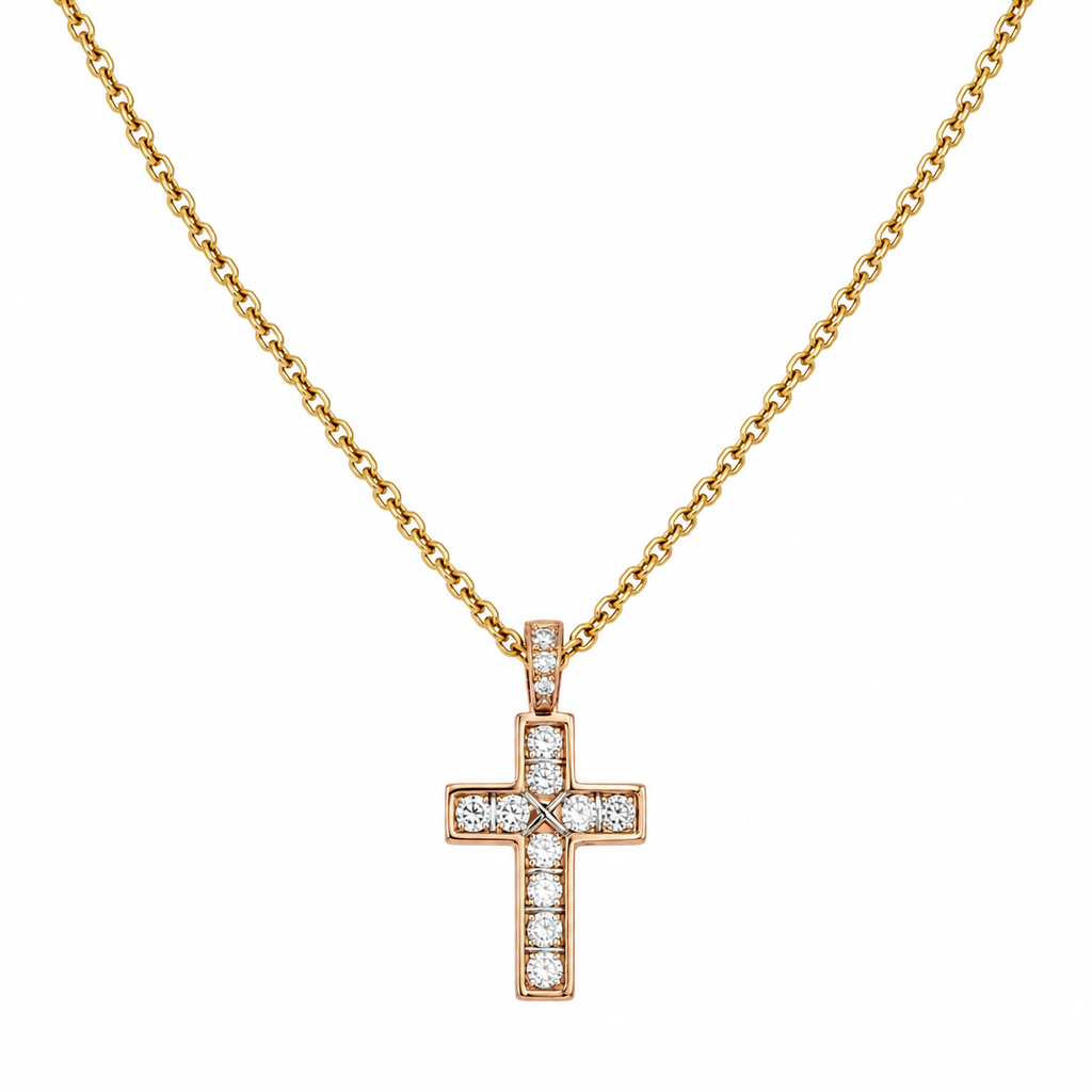 Cartier - Collier Pendentif Croix - Or jaune et Rose - Diamants