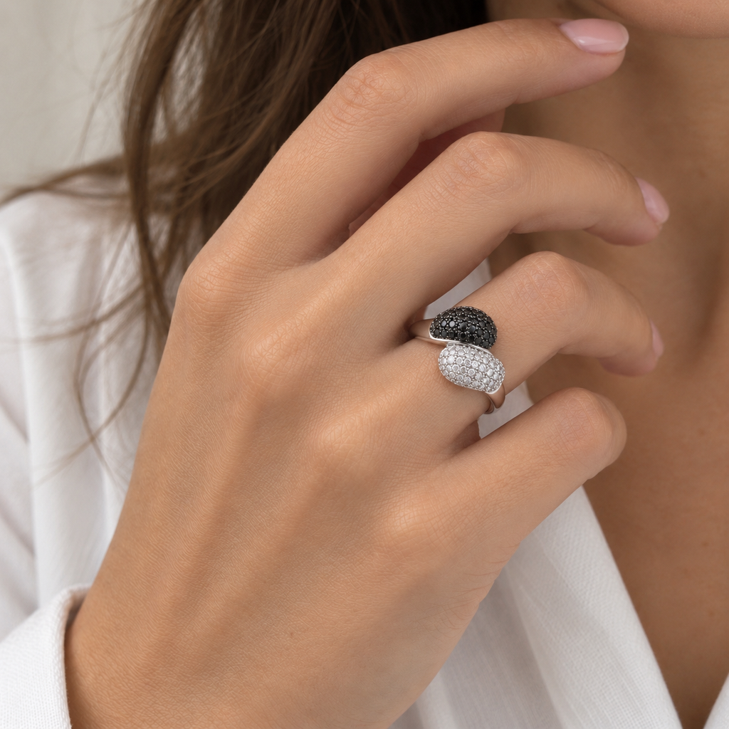 White gold ring with white and black diamonds