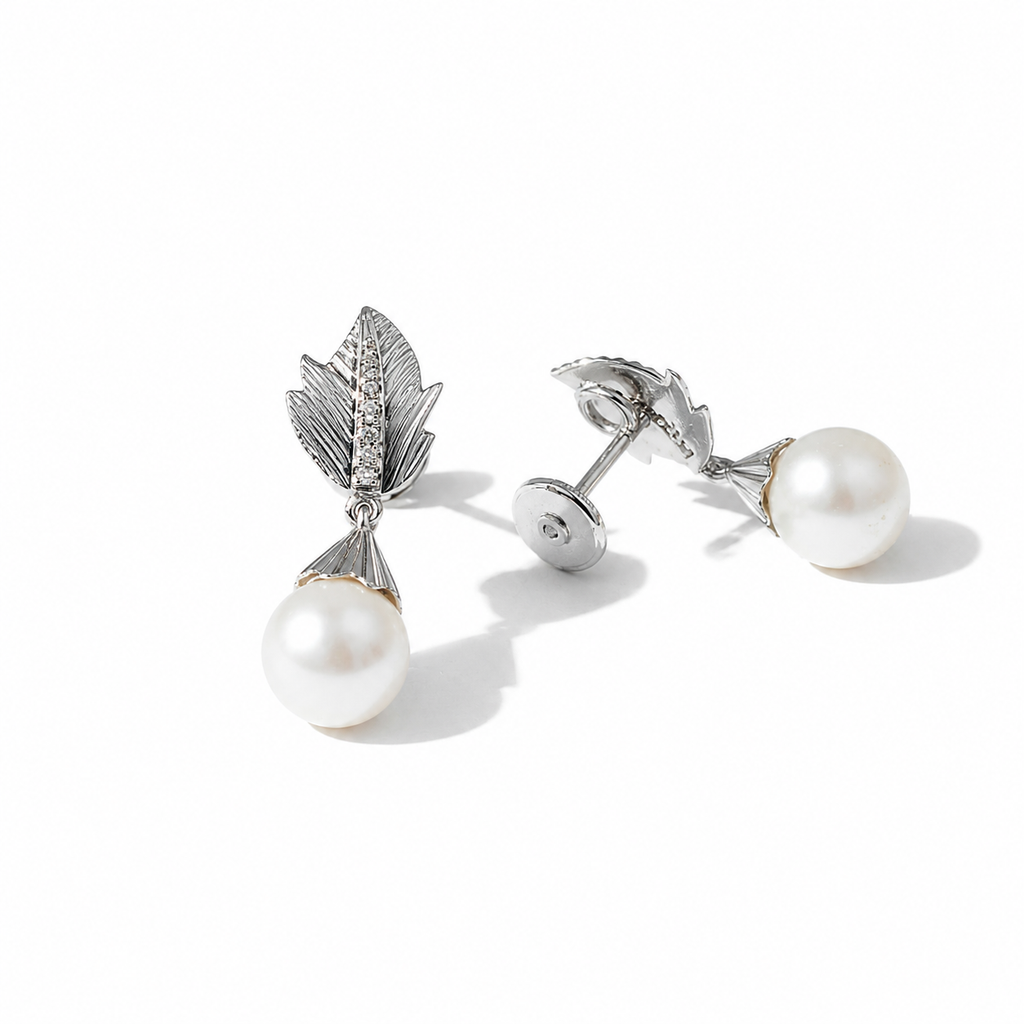 Boucles d’oreilles - Feuillage - Or blanc - Diamants et perles de culture