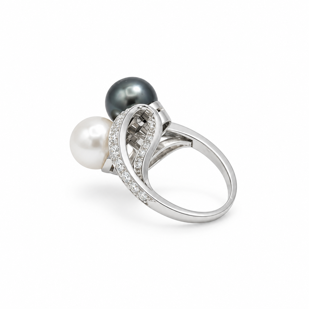 Bague Toi & Moi - Platine - Perles et Diamants