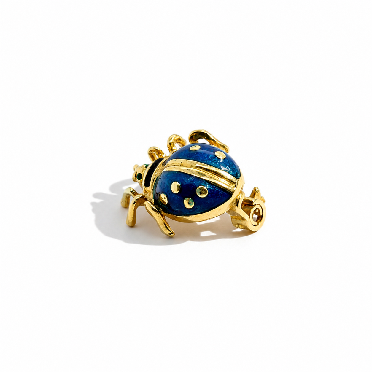 Ladybug Brooch - Yellow Gold and Blue Enamel