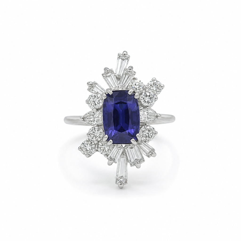 Bague Cocktail Or Blanc - Saphir et Diamants - Année 70