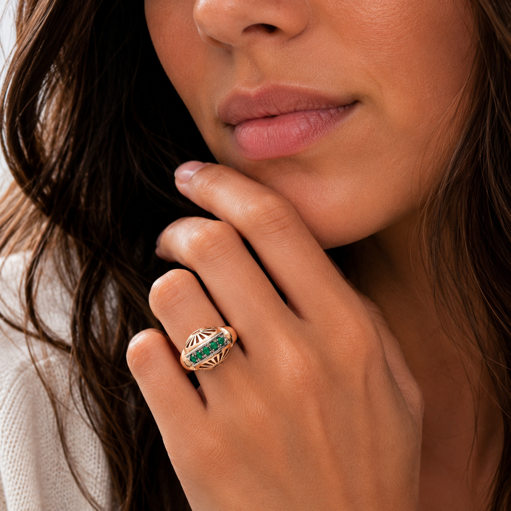 Tank Ring - Rose Gold and Platinum - Emeralds