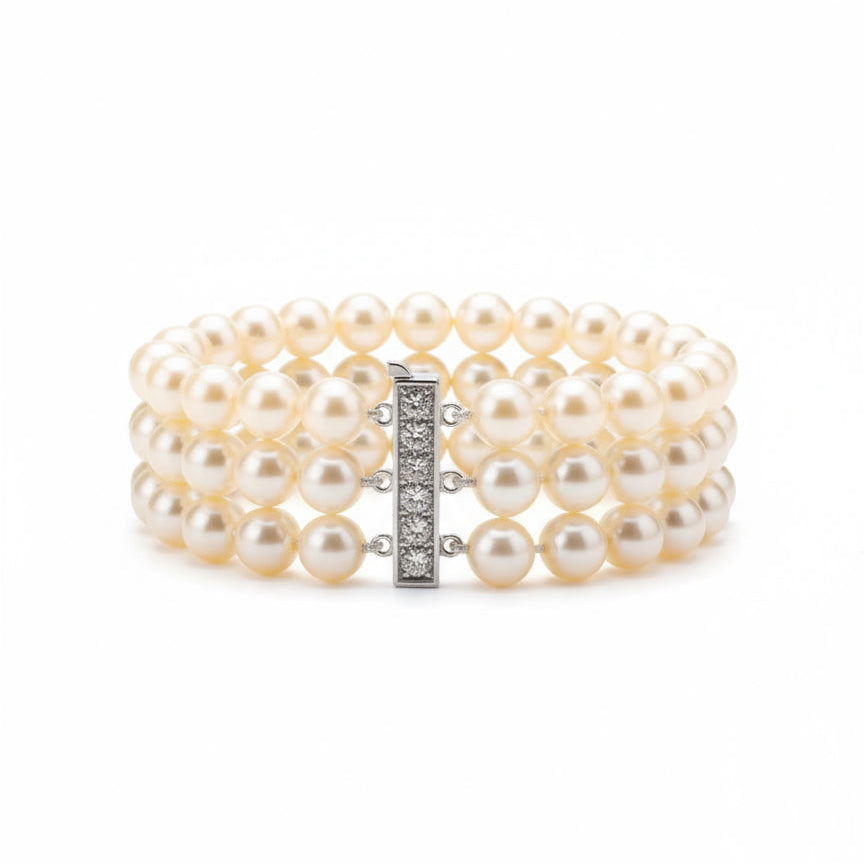 Bracelet de perles de culture - 3 rangs - Or blanc et diamants