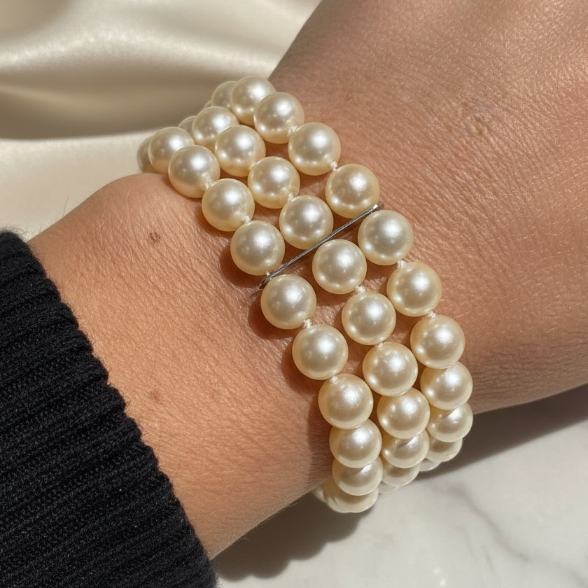 Bracelet de perles de culture - 3 rangs - Or blanc et diamants