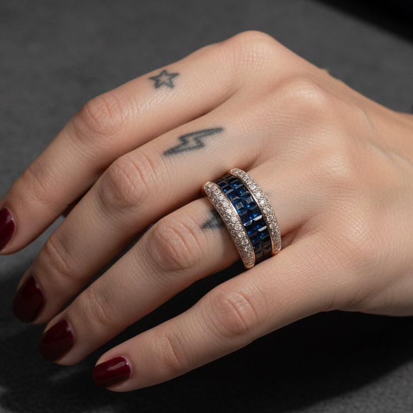 Bague Bandeau Or jaune - Saphirs Calibrés et Diamants