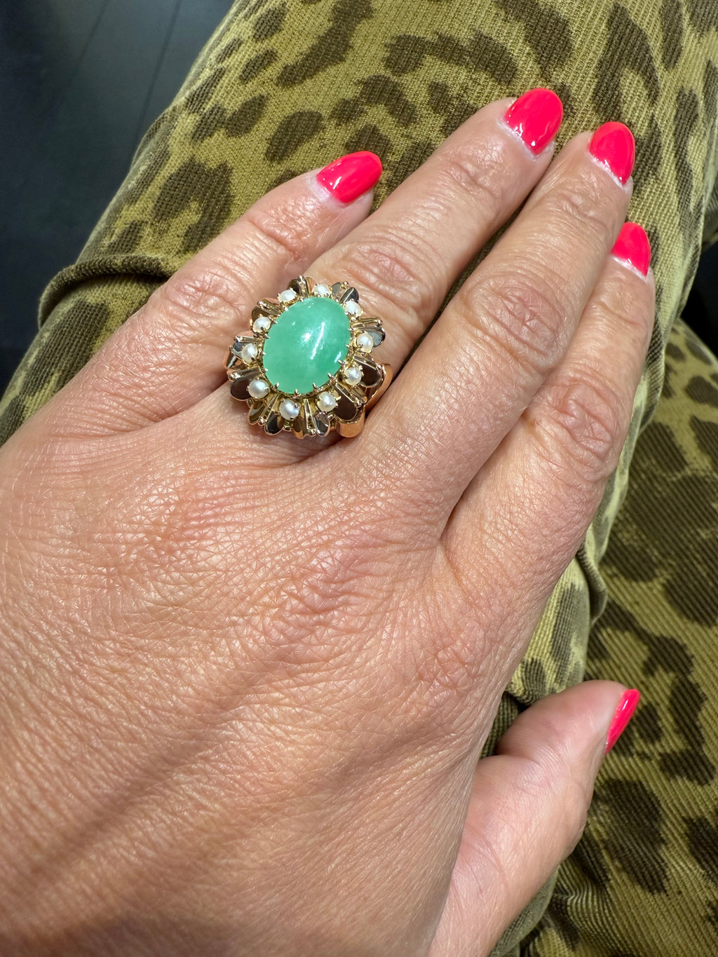 Bague Vintage - Or Rose - Cabochon Jade et perles de culture