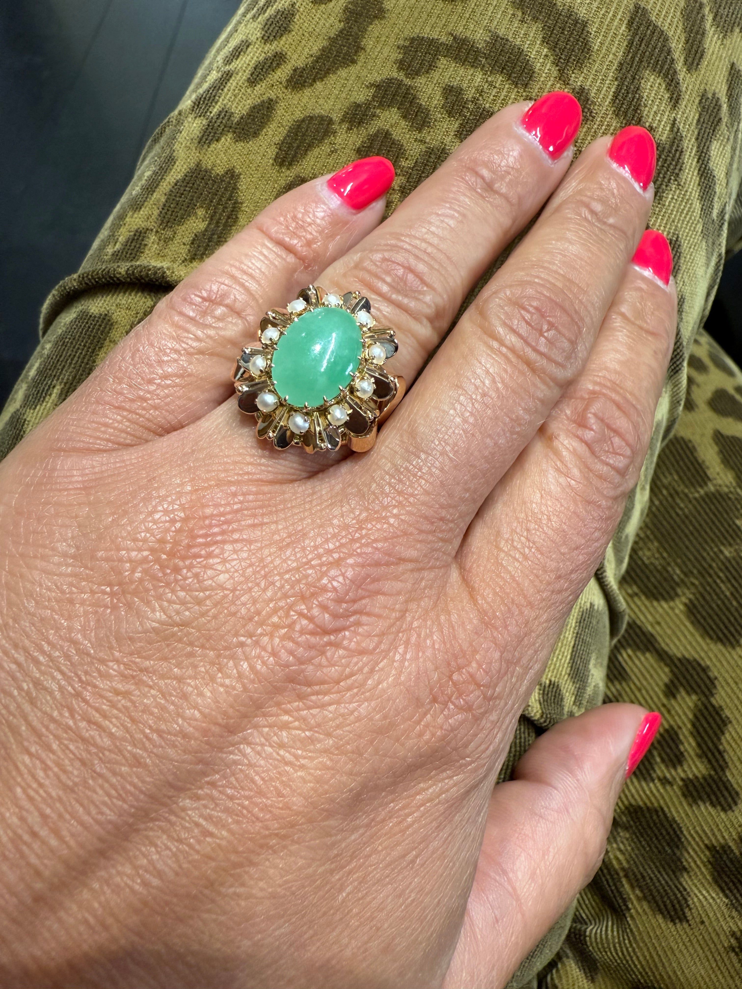 Bague Vintage - Or Rose - Cabochon Jade et perles de culture