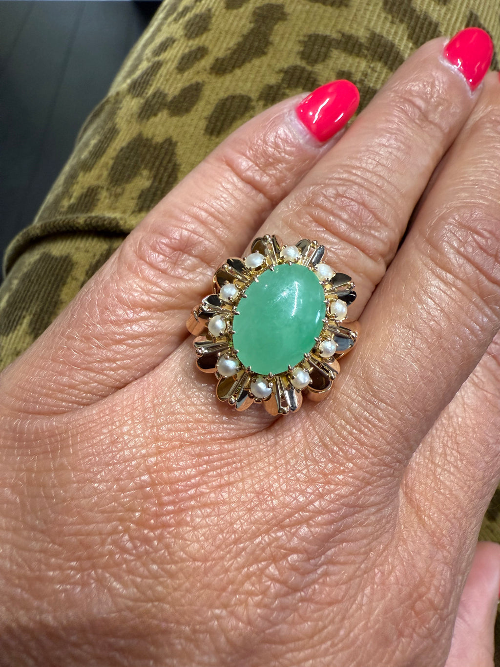 Bague Vintage - Or Rose - Cabochon Jade et perles de culture