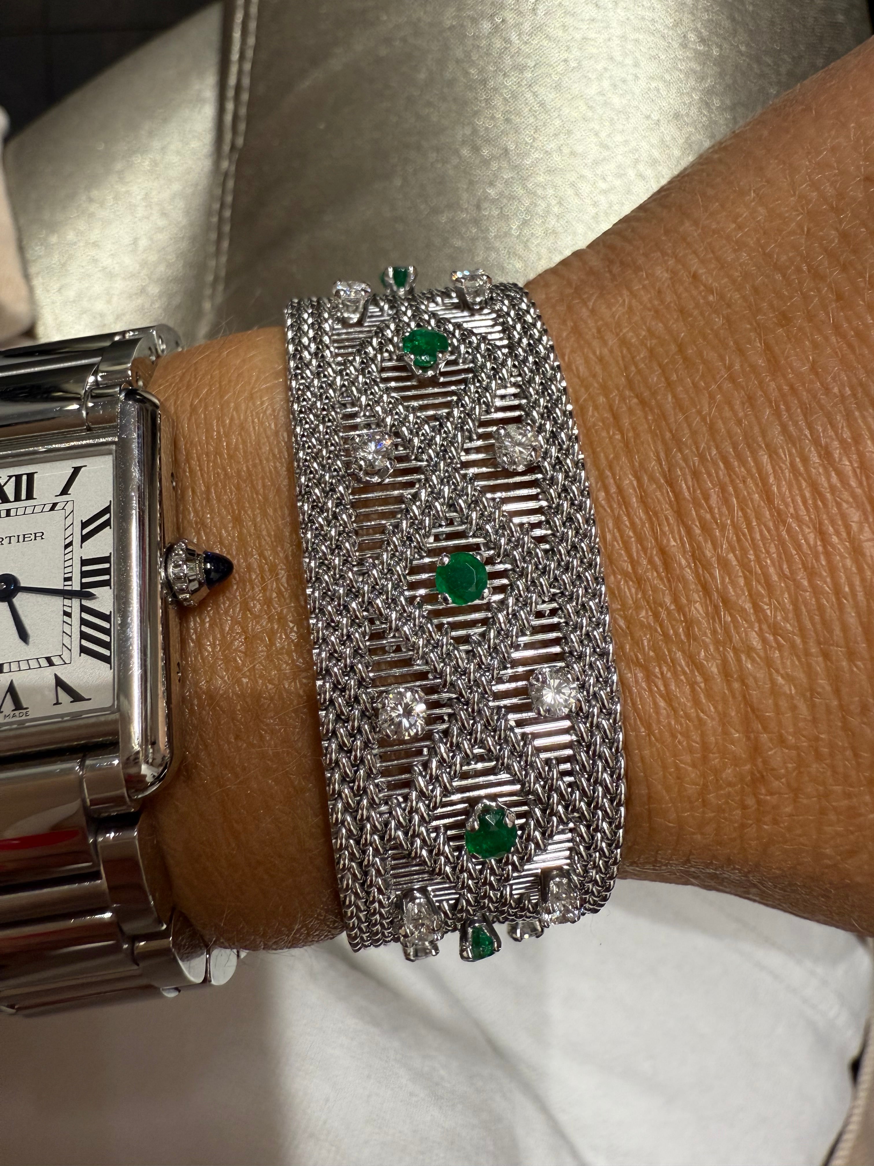 Vintage - Bracelet Or blanc - Diamants et Émeraudes