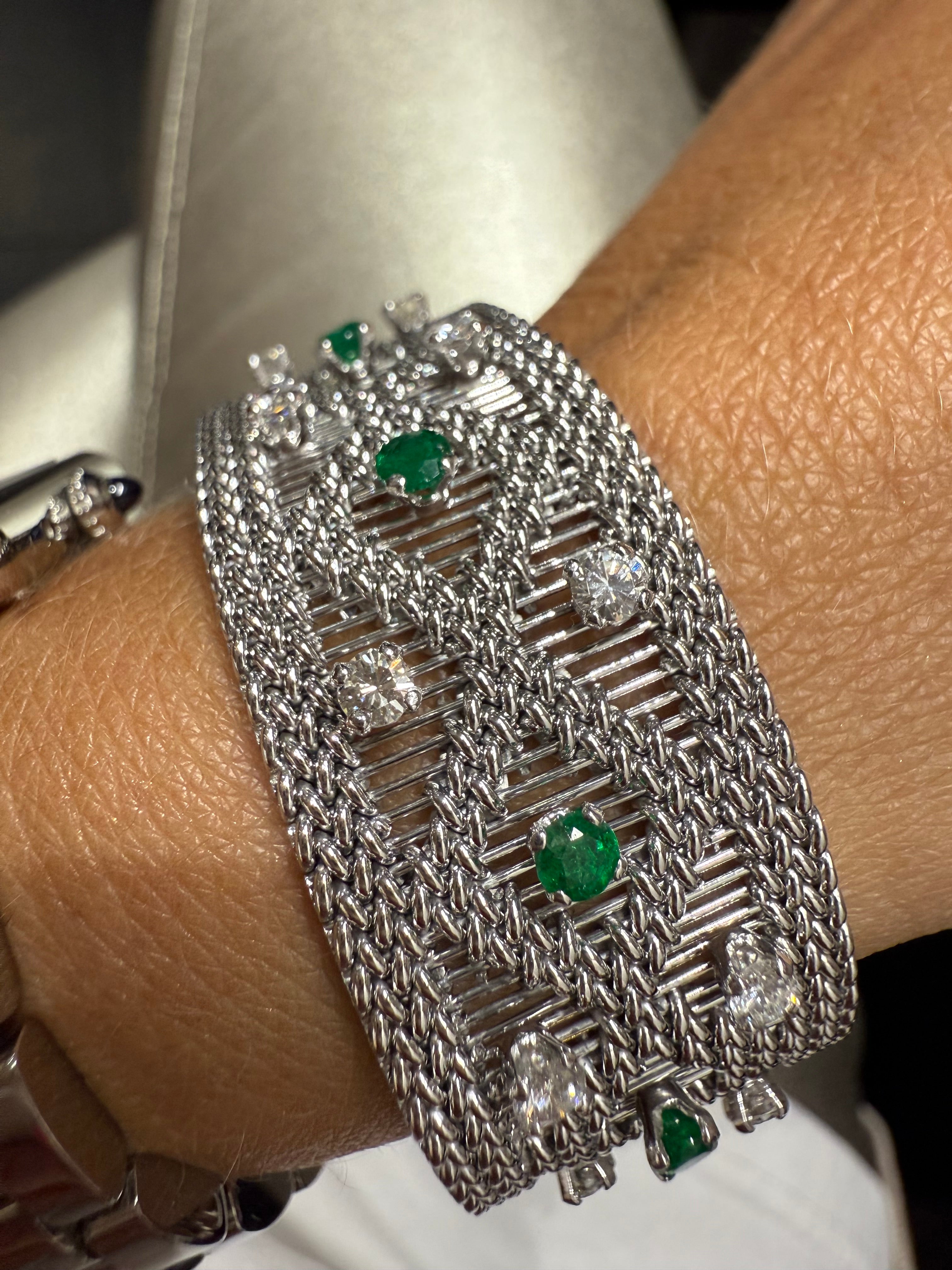 Vintage - Bracelet Or blanc - Diamants et Émeraudes
