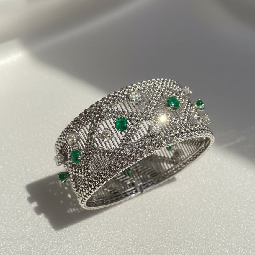 Vintage - Bracelet Or blanc - Diamants et Émeraudes
