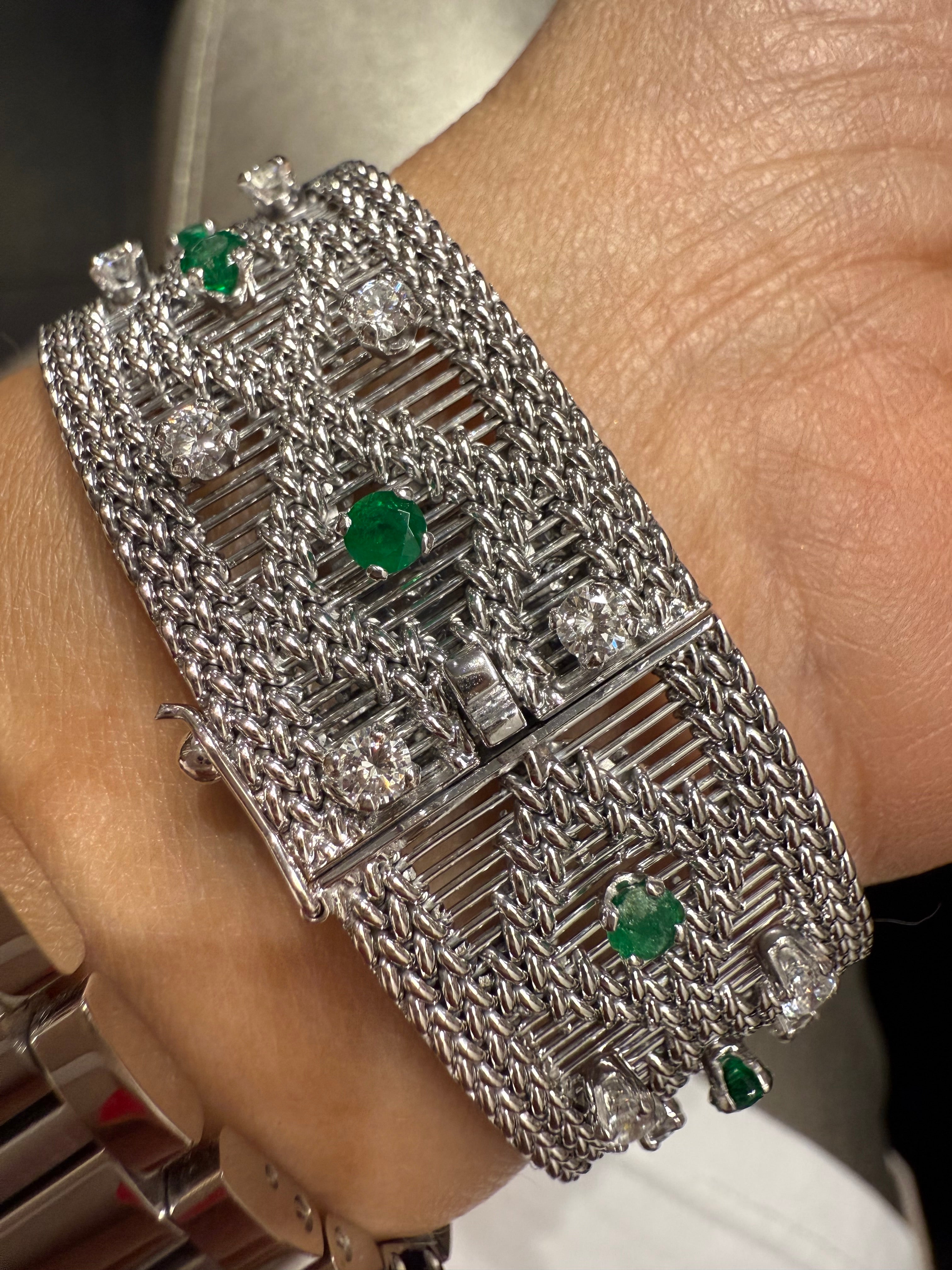 Vintage - Bracelet Or blanc - Diamants et Émeraudes