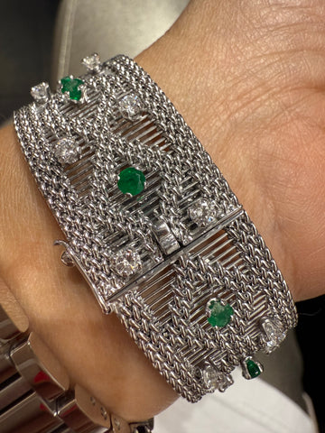 Vintage - Bracelet Or blanc - Diamants et Émeraudes