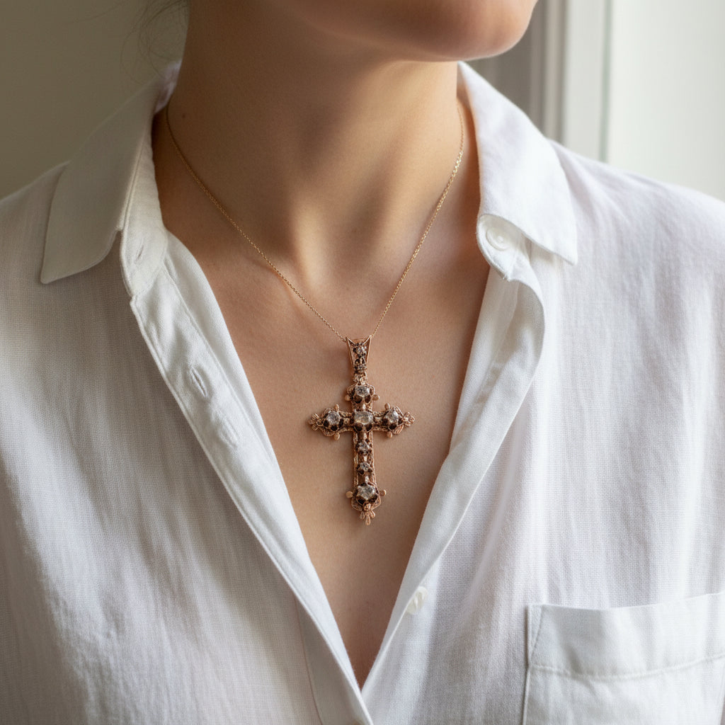 Croix Mistralienne - Or Rose et Argent - Diamants