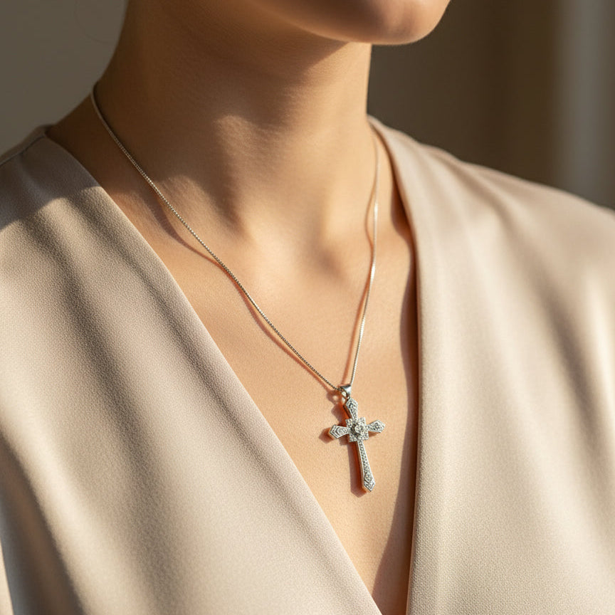 Art déco - Pendentif Croix or blanc et Diamants