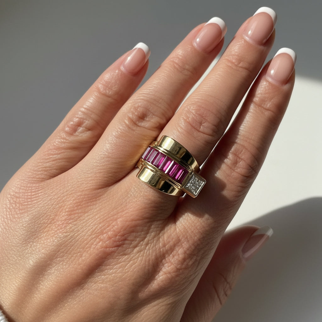 Bague Tank - Or Jaune - Diamants et Rubis