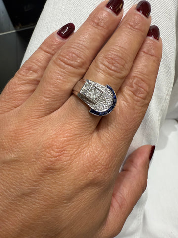 Art Déco - Bague Platine - Saphirs et Diamants