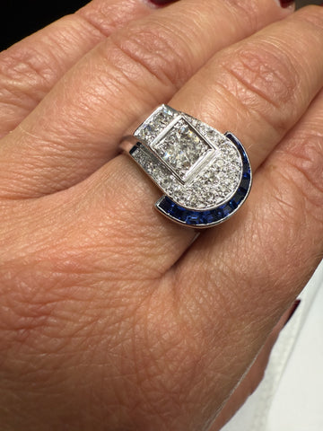 Art Déco - Bague Platine - Saphirs et Diamants