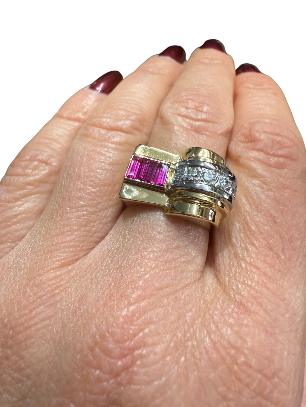 Art Déco - Bague Tank - Or jaune et Blanc - Rubis et Diamants