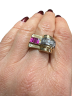 Art Déco - Bague Tank - Or jaune et Blanc - Rubis et Diamants