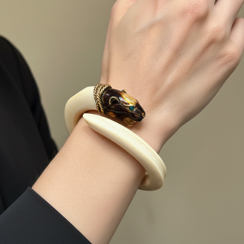 Bracelet Jonc Animalier - Ivoire - Or jaune