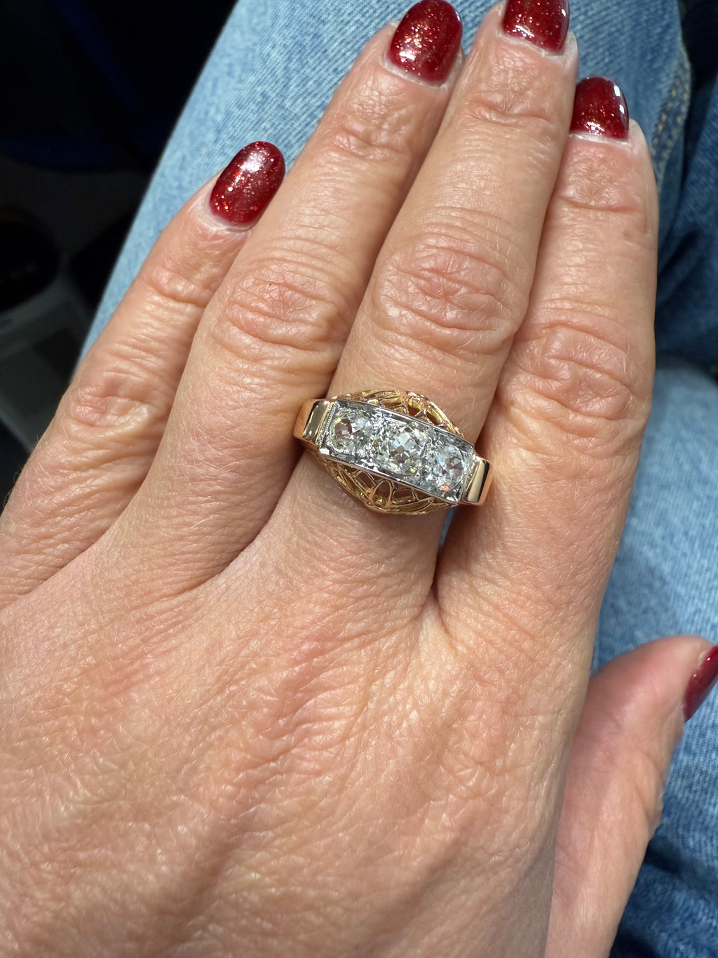 Bague Tank - Or Rose et Platine - Diamants - 1940