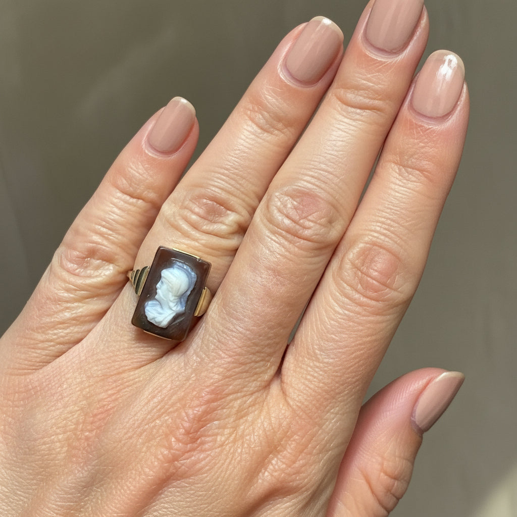 Bague Vintage - Or Jaune et Blanc - Camée Agate