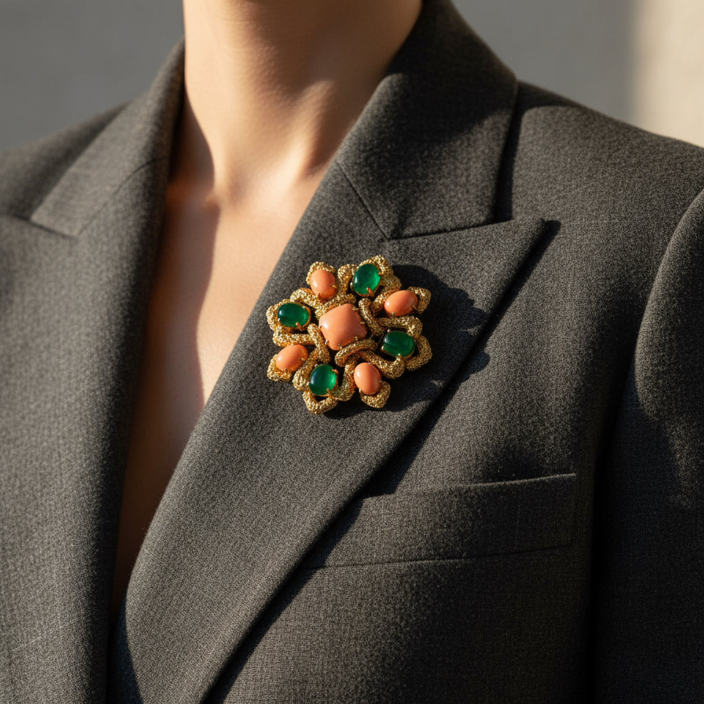 VAN CLEEF AND ARPELS - Delphes - Broche pendentif or jaune, corail et chrysoprase